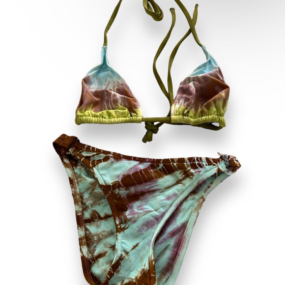 Lucky Brand vtg brown green y2k 2000 triangle key ring high cut tie dye bikini - Picture 1 of 8